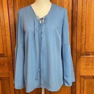 NY Collection Blue V-Neck Bell Sleeves Tie Strings Size Small